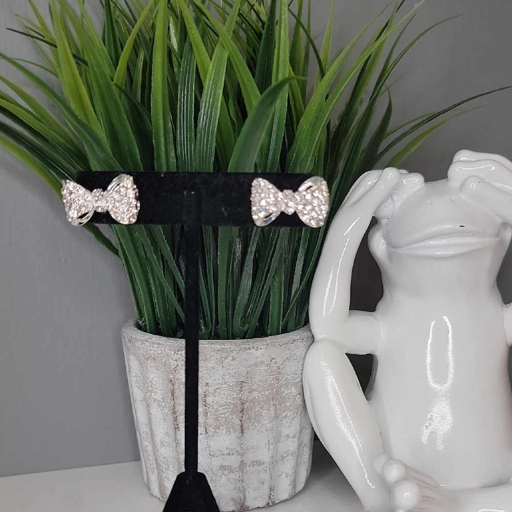 Sparkling Silver Bow Stud Earrings
